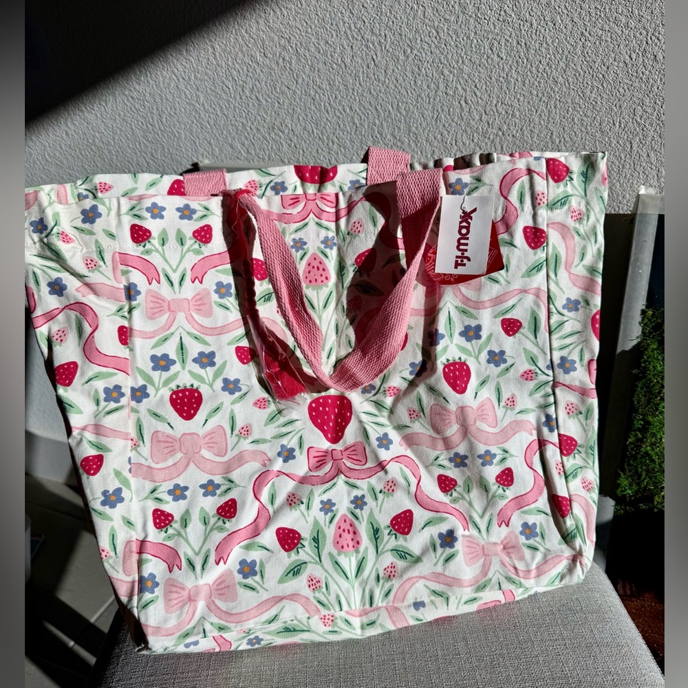 Shabby Chic Pink & White Strawberry Bow Print Tote